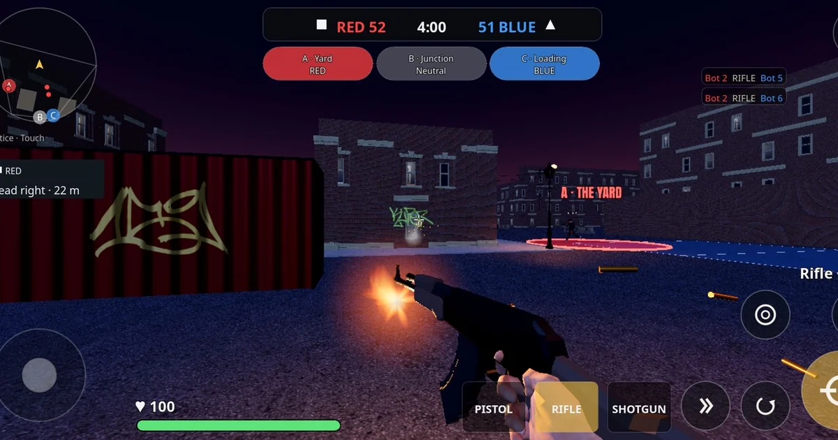 Hood Warfare gameplay screenshot: muzzle flash and ejected brass during a gunfight